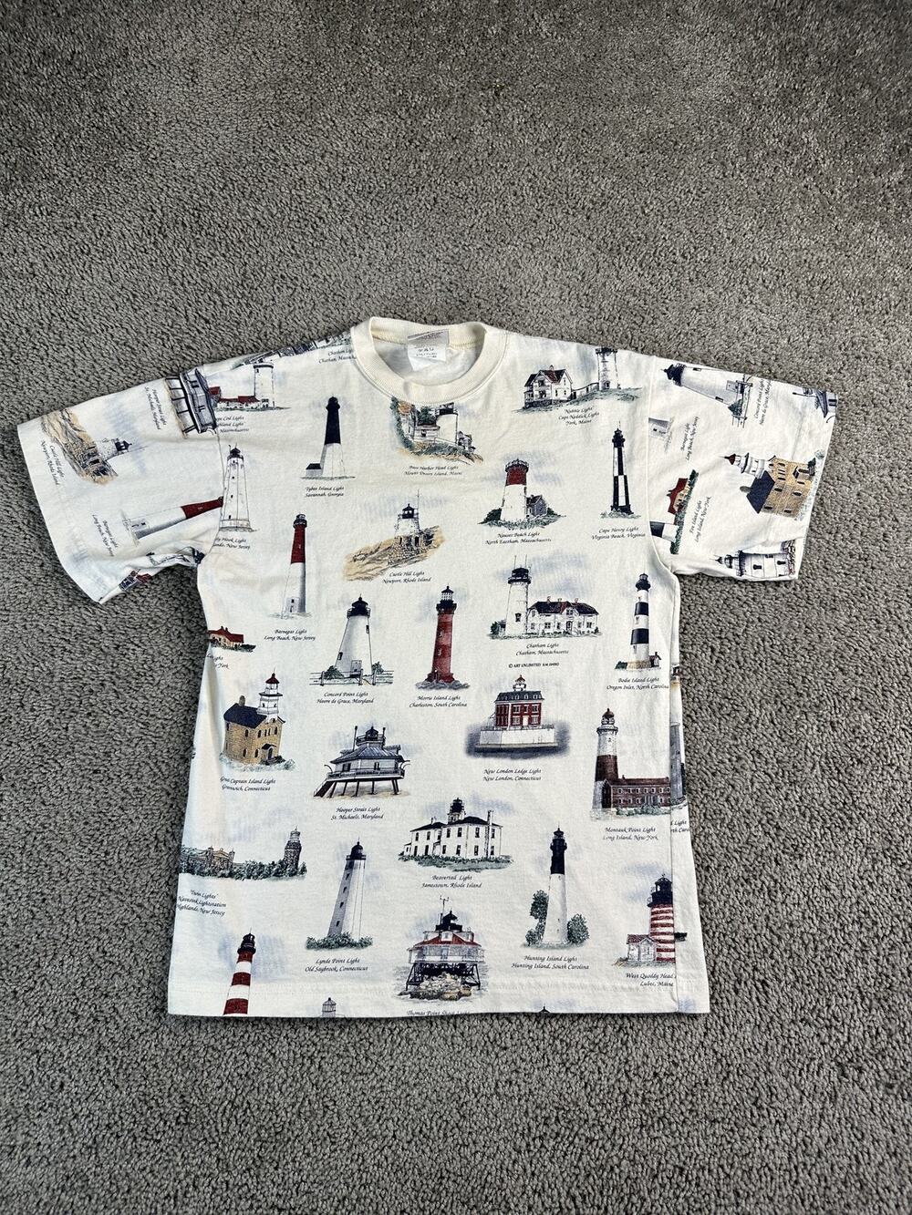 VINTAGE Art Unlimited Shirt Mens Small White Lighthouse Graphic All Over USA 90s